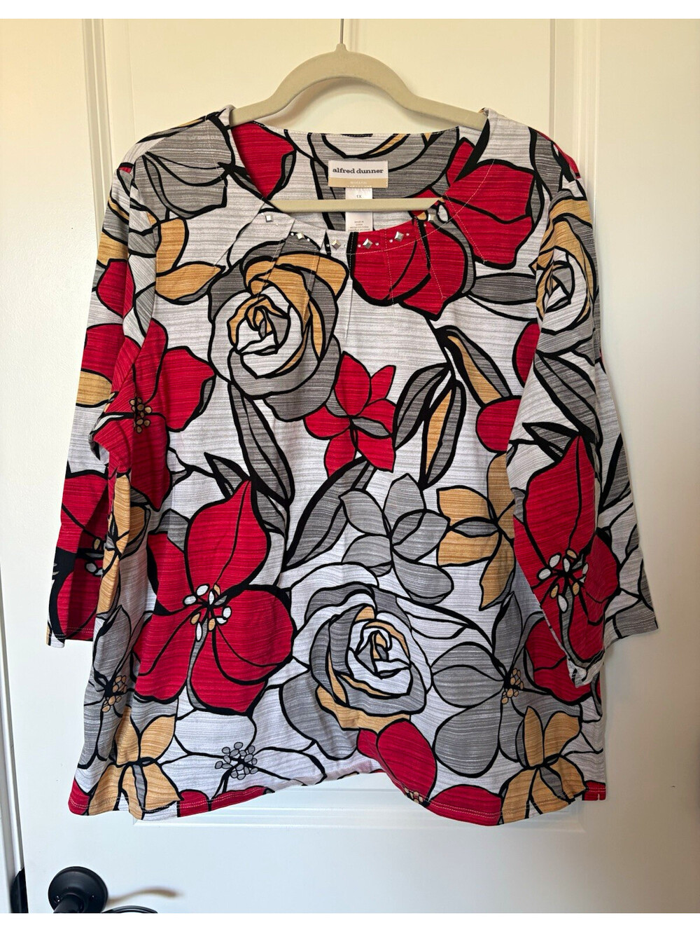 Alfred Dunner Women’s Top 1X Multicolor Floral Knit Round Neck 3/4 Stretch